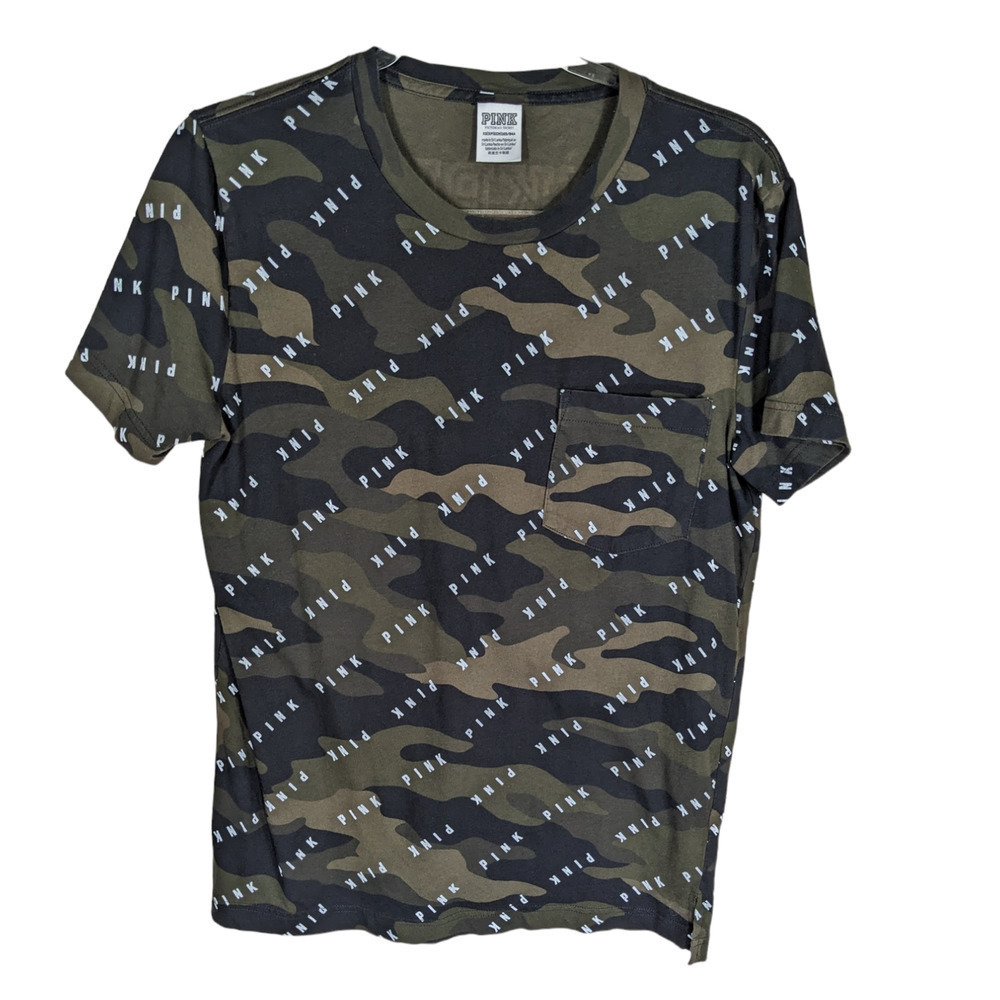 Victorias Secret Pink XS Graphic Tee Camo Top Loose Fit Rose Gold Metalic Back
